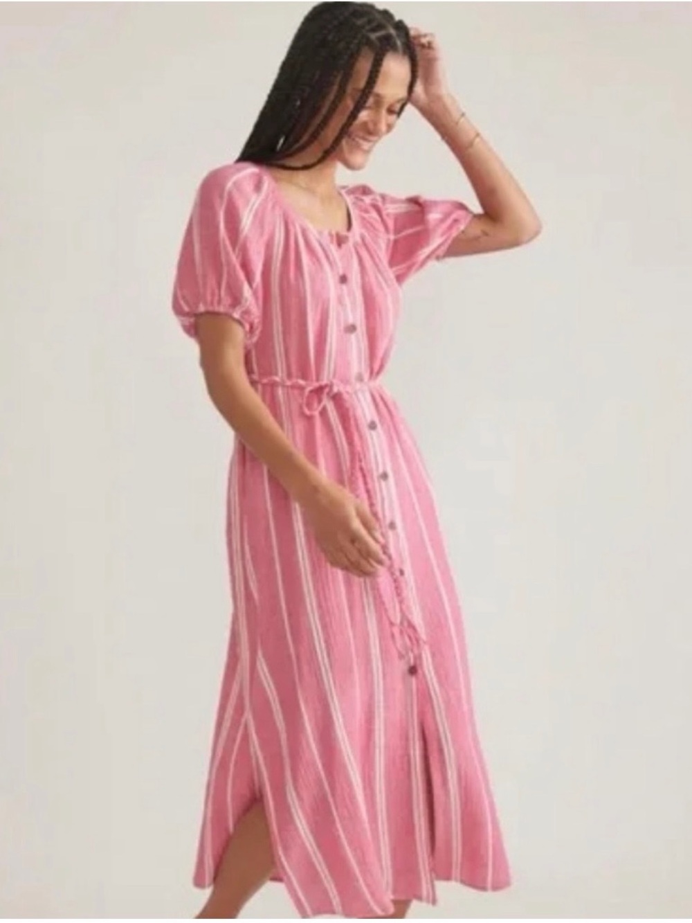 Pink Striped Button-Front Midi Dress - Picture 3 of 6